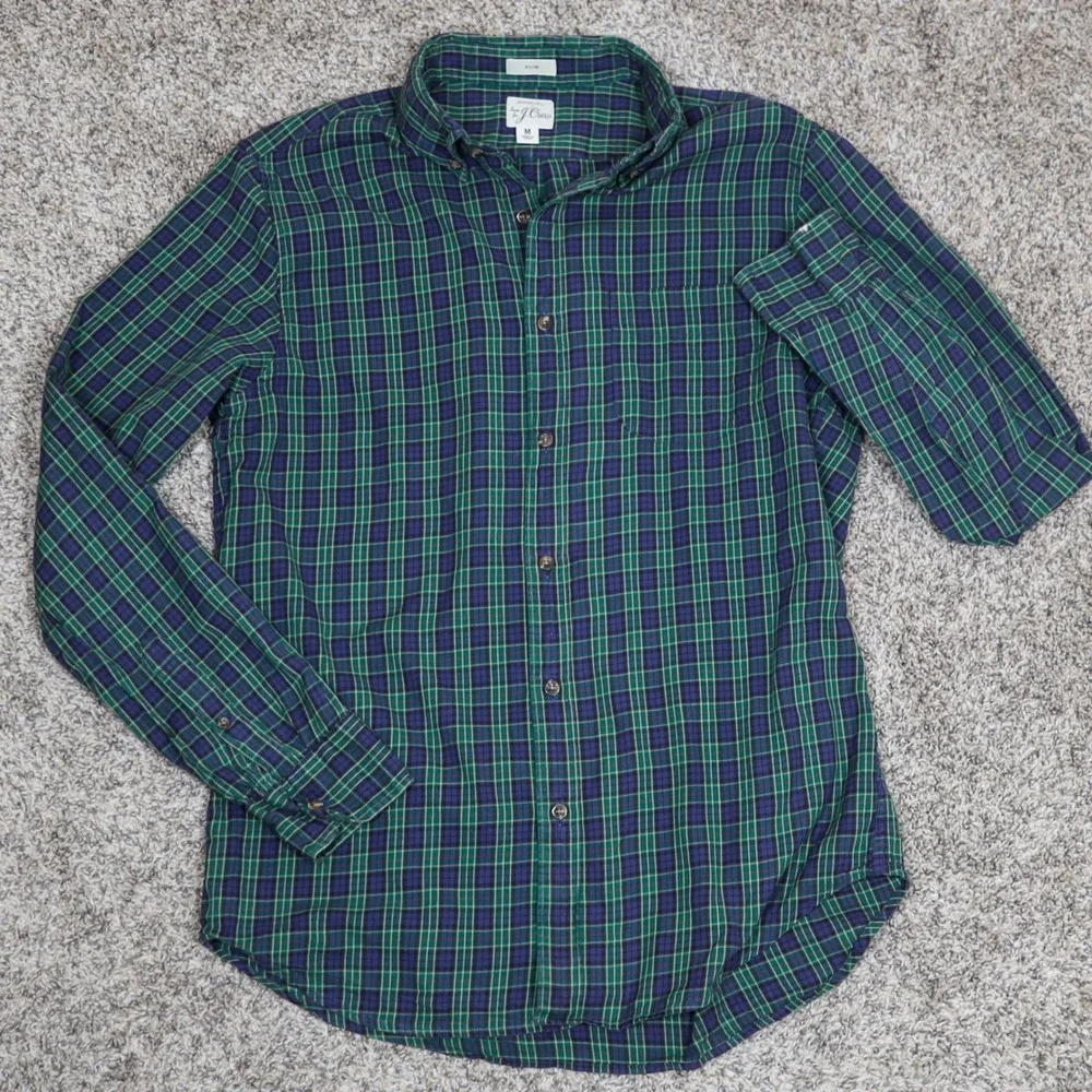 J. Crew Mens Slim Fit‎ Brushed Twill Plaid Button Down Shirt Size M Green Navy